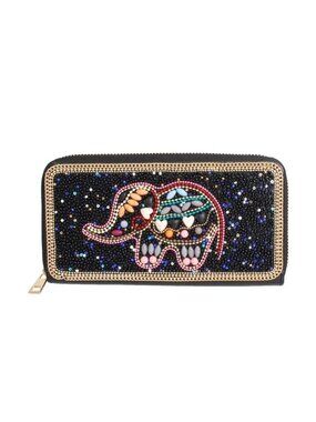 Black Vegan Leather Wallet With Beaded Elephant Design Zipper Closure Card Slots